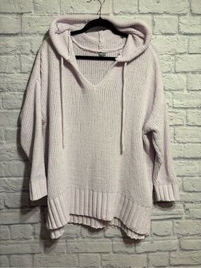 aerie Pale Lavender V-Neck Knit Hoodie Sweater Chenille Small
